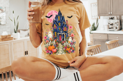 High-resolution Halloween sublimation design featuring a detailed blue Victorian house framed by colorful flowers and seasonal pumpkins.
