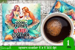 watercolor mermaid square coaster sublimation wine design Product Image 1