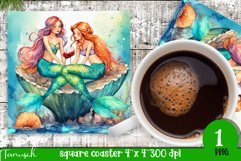 watercolor mermaid square coaster sublimation wine design Product Image 1