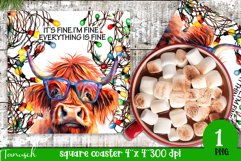 christmas highland cow square coaster It&#039;s fine, I&#039;m fine Product Image 1