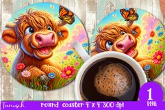 Floral animals round coaster spring SUBLIMATION PNG / cow Product Image 1