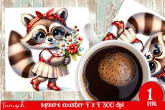 cute RACCOON LADY square coaster sublimation design PNG Product Image 1