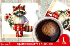 cute RACCOON LADY square coaster sublimation design PNG Product Image 1