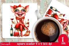 funny wine animals square coaster sublimation design PIG Product Image 1