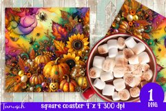 FALL Pumpkin, LEAVES &amp; Sunflowers square coaster sublimation Product Image 1