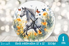 Watercolor horse &amp; flowers wall clock sublimation design PNG Product Image 1