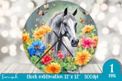 Watercolor horse &amp; flowers wall clock sublimation design PNG Product Image 1