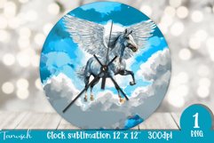 Watercolor horse &amp; flowers wall clock sublimation design PNG Product Image 1