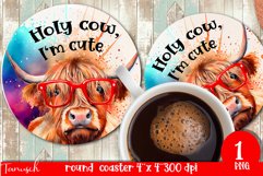 funny HIGHLAND COW round coaster sublimation PNG Product Image 1