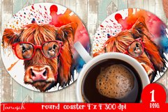 funny HIGHLAND COW round coaster sublimation PNG Product Image 1