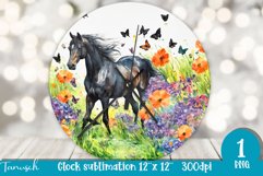 Watercolor horse &amp; flowers wall clock sublimation design PNG Product Image 1