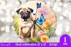Watercolor PUG wall clock Sublimation PNG / cute dog design Product Image 1