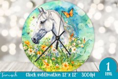 Watercolor horse &amp; flowers wall clock sublimation design PNG Product Image 1