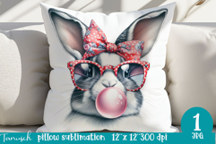 cute rabbit with bubble gum Pillow Sublimation JPG / vintage Product Image 1