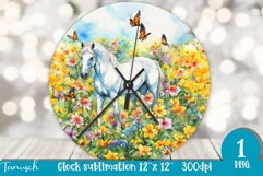 Watercolor horse &amp; flowers wall clock sublimation design PNG Product Image 1