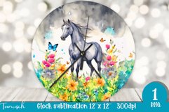 Watercolor horse &amp; flowers wall clock sublimation design PNG Product Image 1