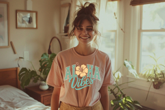 Beach-inspired graphic with arched ALOHA lettering, soft tropical colors, and flowing script reading vibes below, designed for summer shirts and vacation apparel