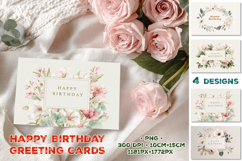 Elegant Happy Birthday Printable Greeting Cards with Flowers Product Image 1