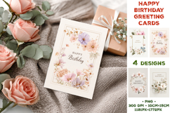 Elegant Happy Birthday Printable Greeting Cards with Flowers Product Image 1