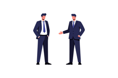 Two business professionals in dark suits engaging in convers Product Image 1