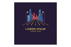 City skyline with colorful buildings and streetlights in min Product Image 1