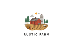Rustic farm with red barn, silo, green trees, and golden fie Product Image 1