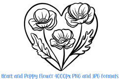 Heart and Poppy Flower Graphic Outline Floral Wreath Clipart PNG