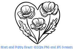 Heart and Poppy Flower Graphic Outline Floral Wreath Clipart PNG