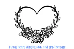 Heart and Roses Wreath Flower Graphic Clipart PNG Illustration Outline