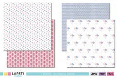 Coordinating pastel scrapbook papers in blush pink, dusty blue and cream