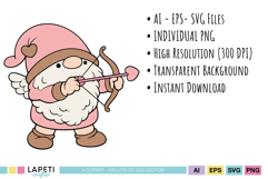 Sweet gnome clipart collection with pink hearts, love letter, cupid bow and romantic craft elements.