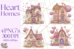 Heart Homes Valentine Clipart, Cozy Cottage PNG Product Image 1