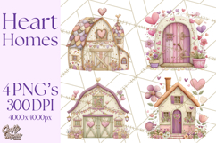 Heart Homes Valentine Clipart, Cozy Cottage PNG Product Image 1
