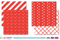 Romantic red Valentine digital papers featuring hearts, lines, and plaid patterns for love projects.
