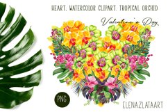 Heart, watercolor clipart. Tropical orchid. Valentine&#039;s Day Product Image 1