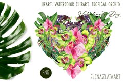 Heart, watercolor clipart. Tropical orchid. Valentine&#039;s Day Product Image 1