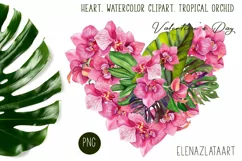 Heart, watercolor clipart. Tropical orchid. Valentine's Day Product Image 1