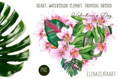 Heart, watercolor clipart. Tropical orchid. Valentine&#039;s Day Product Image 1