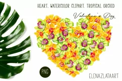 Heart, watercolor clipart. Tropical orchid. Valentine's Day Product Image 1