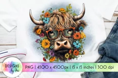 Highland Cow Sublimation | Heifer with Flowers & Glasses Product Image 1