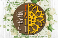 Hello Fall Half Sunflower Round Sign Laser Cut SVG Template Product Image 1