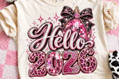 Hello 2026 Pink Rhinestone Disco Ball Bow New Year PNG Product Image 1