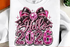 Hello 2026 Pink Rhinestone Coquette Bow & Leopard New Year P Product Image 2
