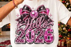Hello 2026 Pink Rhinestone Coquette Bow & Leopard New Year P Product Image 3