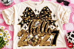 Hello 2027 PNG | Black & Gold Disco Ball Bow New Year Png Product Image 1