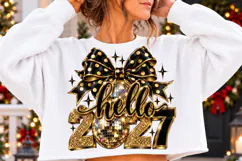 Hello 2027 PNG | Black & Gold Disco Ball Bow New Year Png Product Image 2