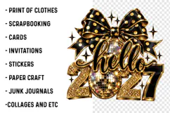 Hello 2027 PNG | Black & Gold Disco Ball Bow New Year Png Product Image 3