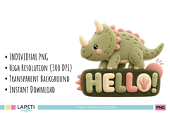 Green triceratops illustration with soft stitched details and transparent background