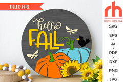 hello fall svg, autumn hanger svg, floral door sign svg, laser cut file, layered fall sign svg, welcome sign svg, pumpkin silhouette, harvest sign svg, thanksgiving sign svg, sunflower sign svg, round hanging sign svg, glowforge cut file, cricut cut file