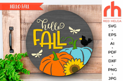 hello fall svg, autumn hanger svg, floral door sign svg, laser cut file, layered fall sign svg, welcome sign svg, pumpkin silhouette, harvest sign svg, thanksgiving sign svg, sunflower sign svg, round hanging sign svg, glowforge cut file, cricut cut file